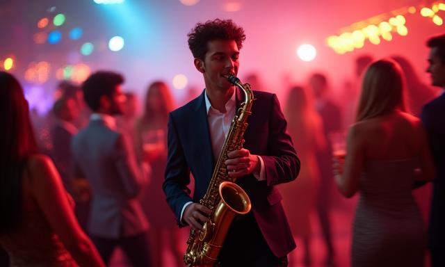 Saxofonista recorriendo mesas durante un cóctel